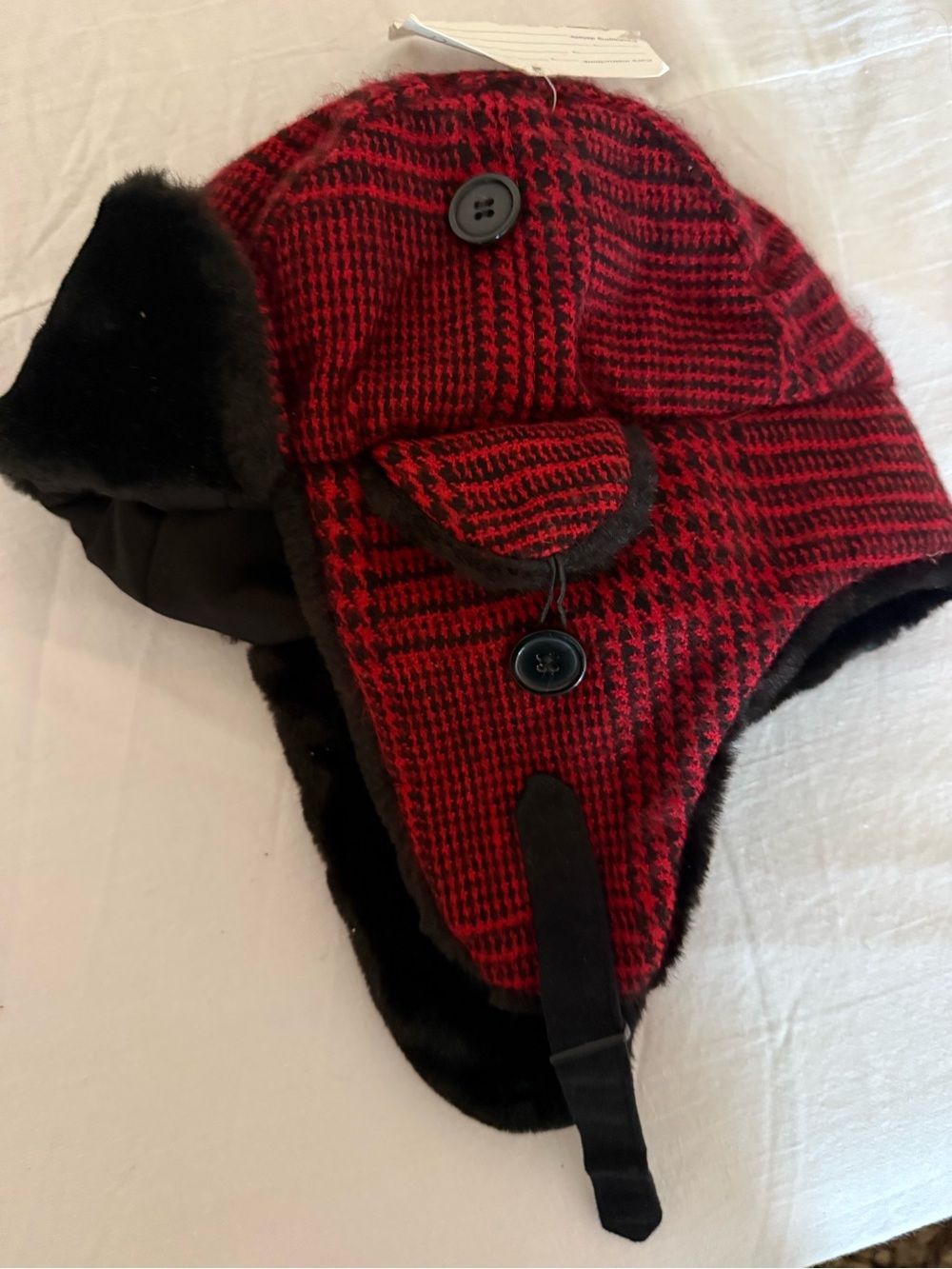 NWT Kids Red Plaid Trapper Hat with Faux Fur Lining